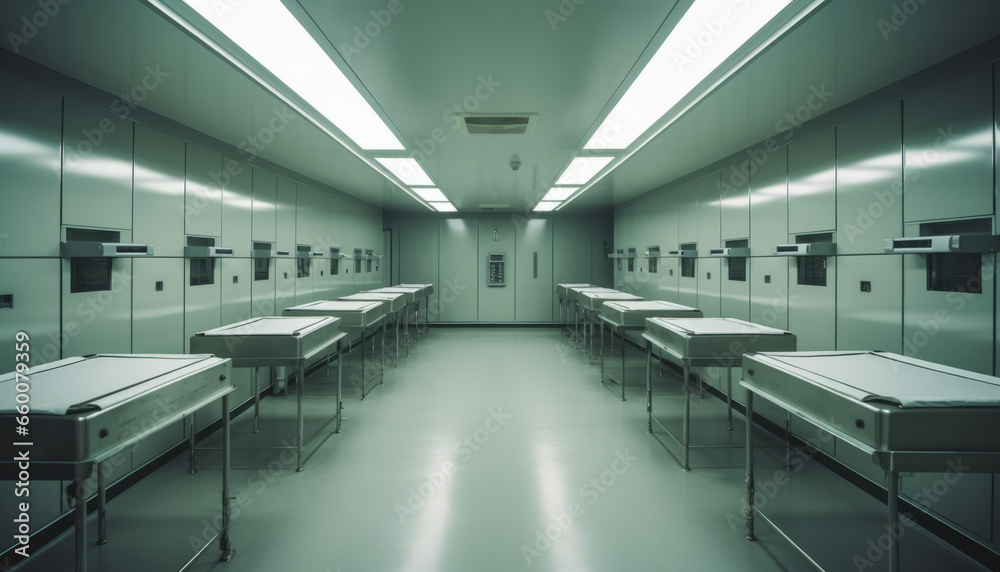Clean well-lit morgue.