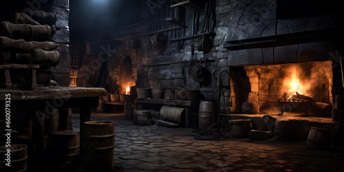 an old wood - fired kiln  dark and moody atmosphere  lit by the ambient glow of the fire