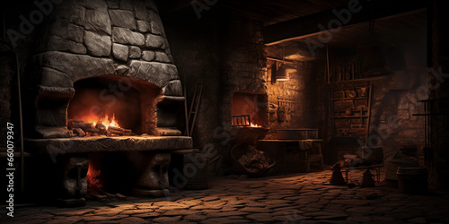 an old wood - fired kiln, dark and moody atmosphere, lit by the ambient glow of the fire