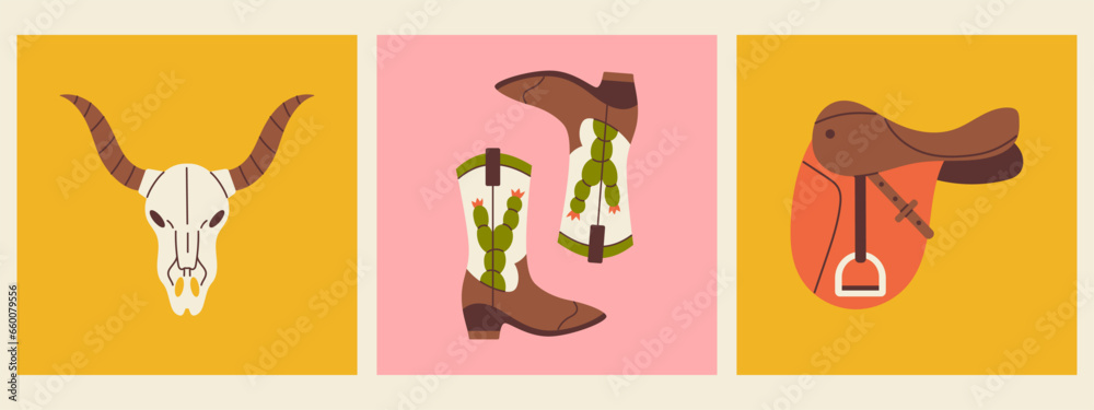 Vector set of western illustration. Retro square posters with cowboy boots, cow skull and saddle. Wild west and Texas concept.