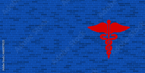 Blue Brick Wall with large red caduceus symbol. The symbol is located on the right, on the left there is empty space for your content. Vector illustration on blue background