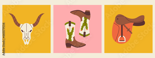 Vector set of western illustration. Retro square posters with cowboy boots, cow skull and saddle. Wild west and Texas concept. © Ulyana Mo