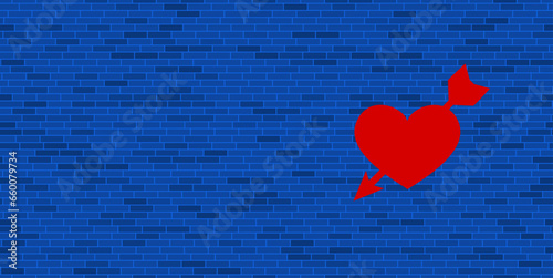Blue Brick Wall with large red cupid arrow symbol. The symbol is located on the right, on the left there is empty space for your content. Vector illustration on blue background