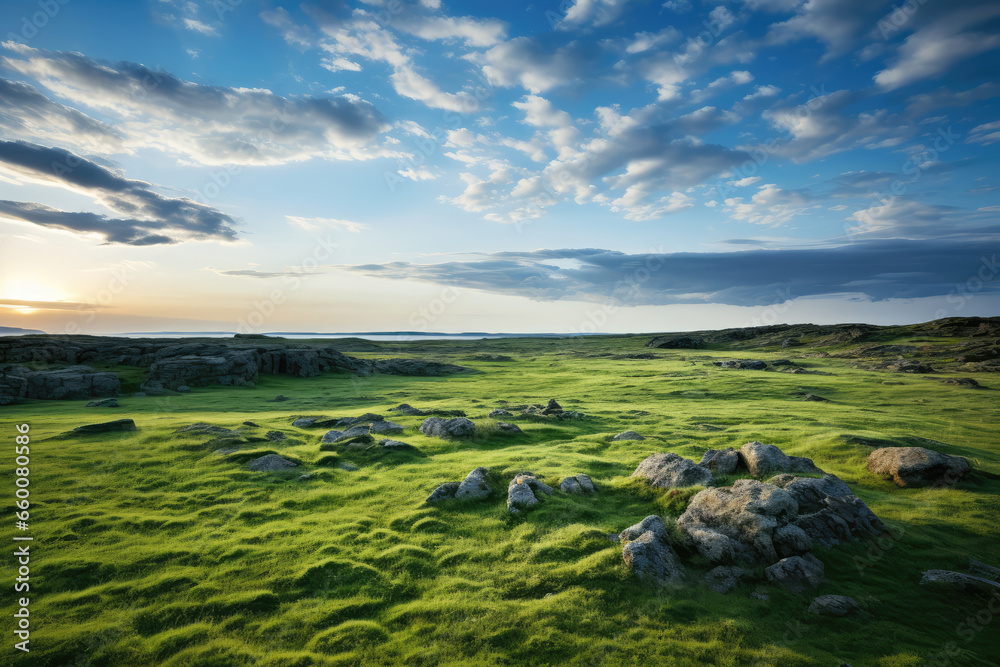 Sunset over a grassy meadow with rocks in the foreground