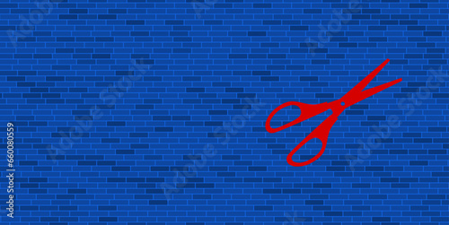 Blue Brick Wall with large red scissors symbol. The symbol is located on the right, on the left there is empty space for your content. Vector illustration on blue background