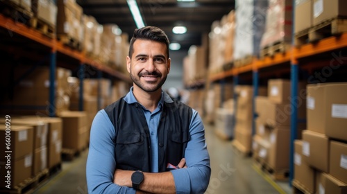 A good looking warehouse worker holding