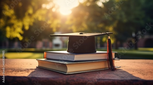 A mortarboard and graduation scroll on top of the books on university lawn photo