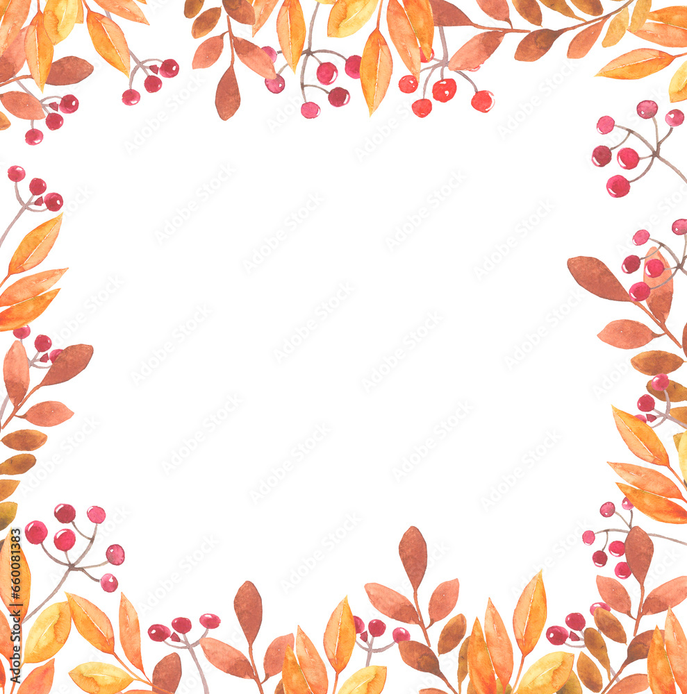 Watercolor autumn frame, yellow twigs with orange leaves, rowan berries, isolated on a white background