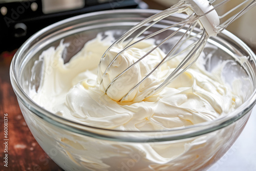 In a white kitchen, a cook skillfully whips up a homemade dessert, combining fresh ingredients in a mixing bowl. photo