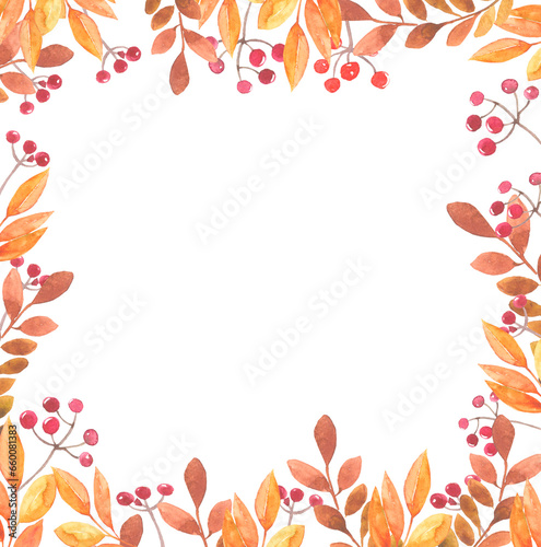 Watercolor autumn frame  yellow twigs with orange leaves  rowan berries  isolated on a white background