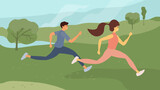 Man and woman jogging outdoors. Active couple of people training in nature landscape, cardio exercising. Male and female athletes running in park. Sport, healthy activity, fitness vector illustration