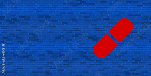 Blue Brick Wall with large red medical capsule symbol. The symbol is located on the right, on the left there is empty space for your content. Vector illustration on blue background