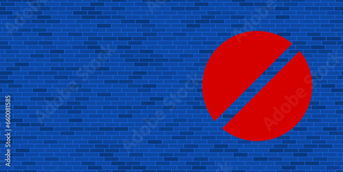 Blue Brick Wall with large red pill symbol. The symbol is located on the right, on the left there is empty space for your content. Vector illustration on blue background