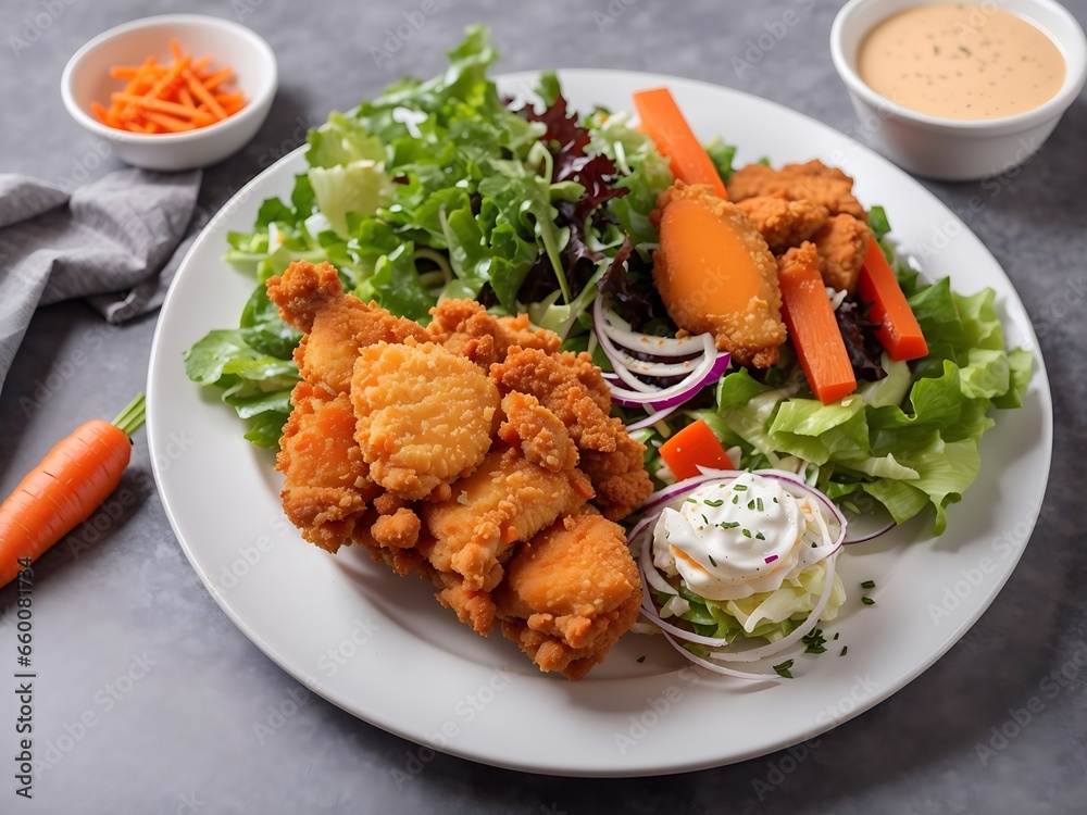 Free photo crispy fried chicken on a plate with salad and carrot Free photo crispy fried chicken on a plate with salad and carrot
