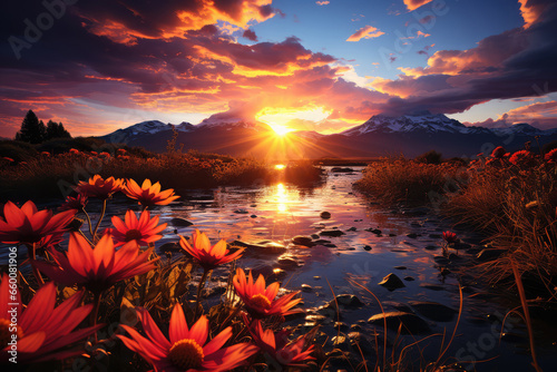 Sunset over the lake with flowers in foreground and mountains in background