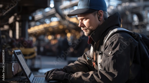 A candid shot of a factory worker in an oil refinery using a laptop computer for maintenance work.