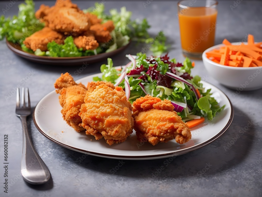 Free photo crispy fried chicken on a plate with salad and carrot