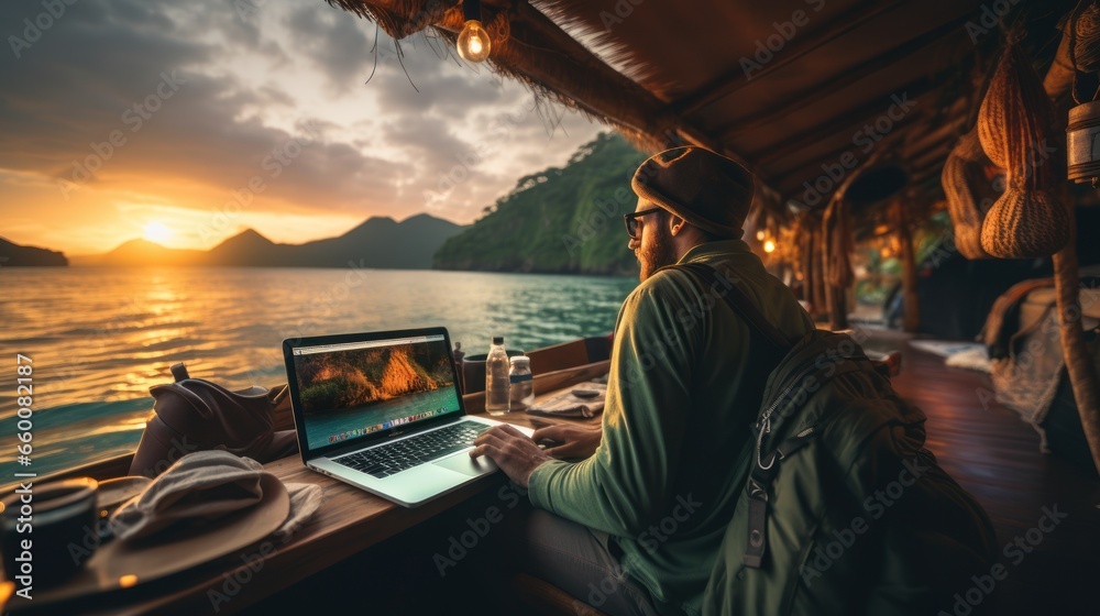 Digital nomads are people who travel freely while working remotely - obrazy, fototapety, plakaty 