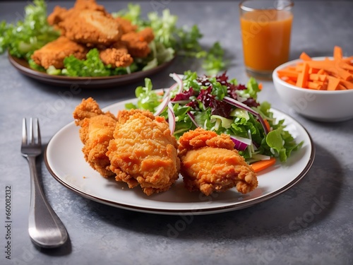 Free photo crispy fried chicken on a plate with salad and carrot