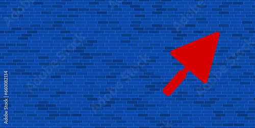 Blue Brick Wall with large red trowel symbol. The symbol is located on the right, on the left there is empty space for your content. Vector illustration on blue background