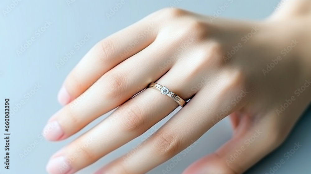 Embrace bridal elegance as a woman's hand holds a wedding ring, symbolizing love and marital promise. - obrazy, fototapety, plakaty 