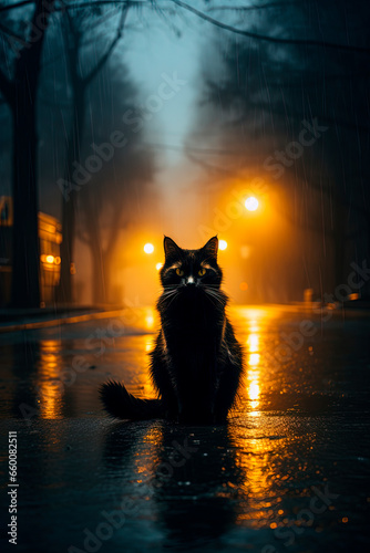 A black cat sitting in the middle of a road. Generative AI