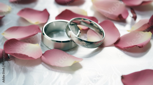 Embrace the symbols of commitment and love as wedding rings grace a bed of roses, signifying a romantic bond.