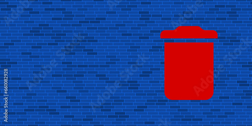 Blue Brick Wall with large red trash symbol. The symbol is located on the right, on the left there is empty space for your content. Vector illustration on blue background