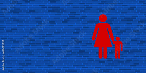 Blue Brick Wall with large red woman with child symbol. The symbol is located on the right, on the left there is empty space for your content. Vector illustration on blue background