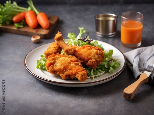 Free photo crispy fried chicken on a plate with salad and carrot