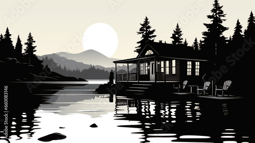 Canvas Print Escape to a serene lakeside cabin silhouette in the heart of nature