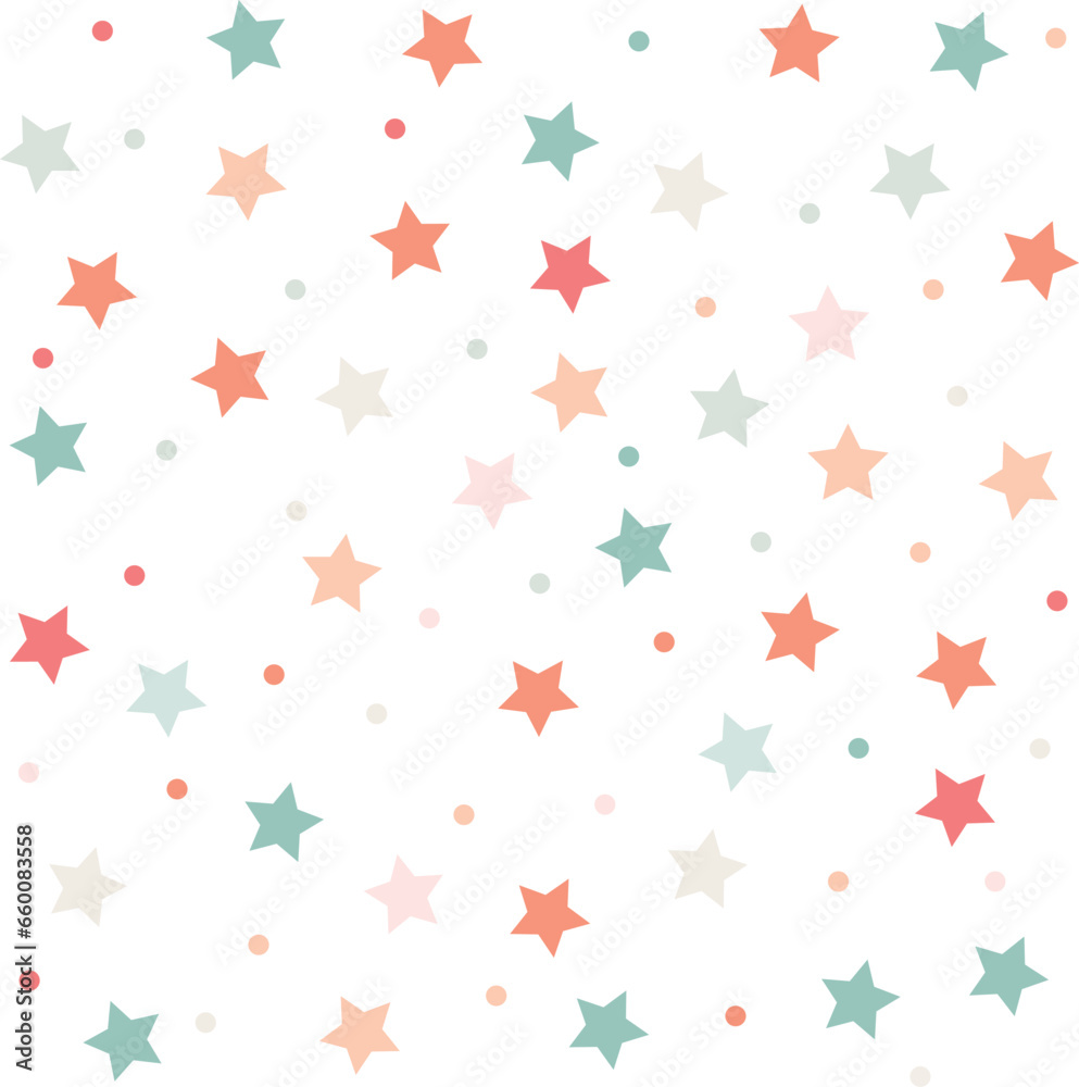 Cute stars seamless pattern, vector, baby confetti falling on white. flying stars glitter vector backdrop.