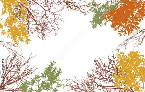 Autumn frame of deciduous branches of trees, silhouette, background. Vector illustration