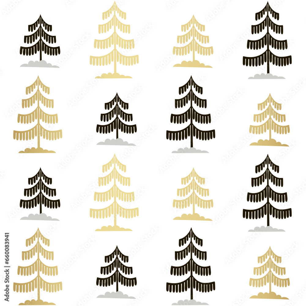Obraz premium Christmas tree gold and black seamless pattern. Winter Noel print, New year holidays golden decoration, fir tree background, wallpaper, wrapping paper design, gift wrap.
