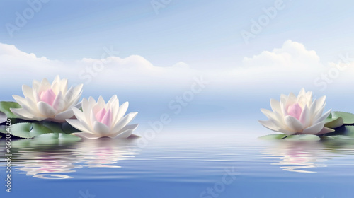 Reflect on the serenity of a Lotus Flower floating gracefully on calm, mirror-like water in nature's embrace.