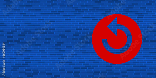 Blue Brick Wall with large red replay media symbol. The symbol is located on the right, on the left there is empty space for your content. Vector illustration on blue background