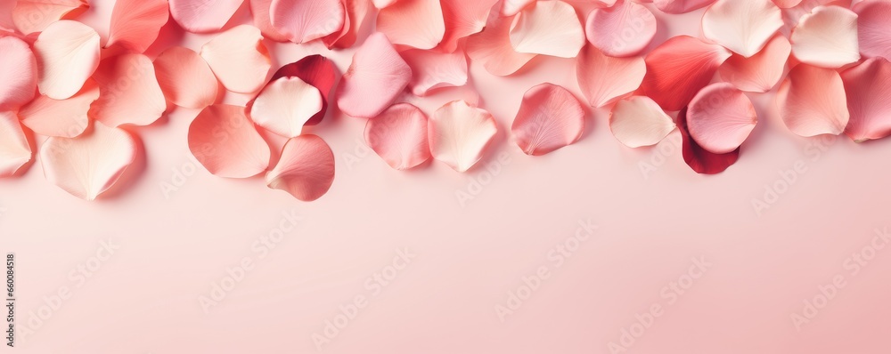 Pink rose petals framing a pastel pink background, concept of romance and Valentine's Day