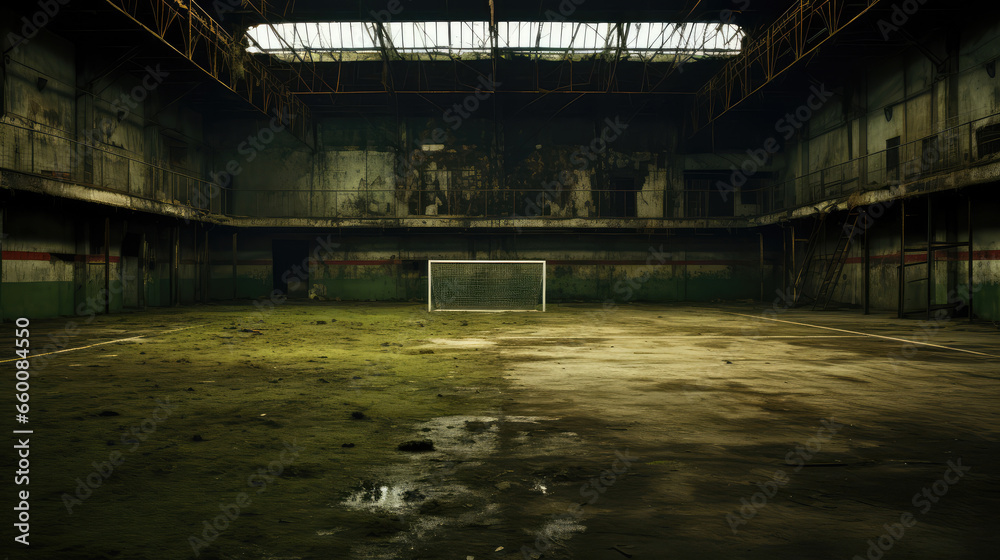 Old abandoned industrial building with a soccer goal in the center. - obrazy, fototapety, plakaty 