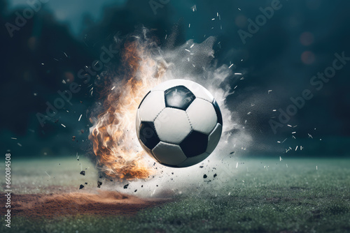 Soccer ball in fire flames at center of the field.