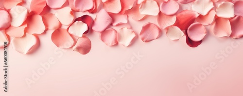 Pink rose petals framing a pastel pink background, concept of romance and Valentine's Day