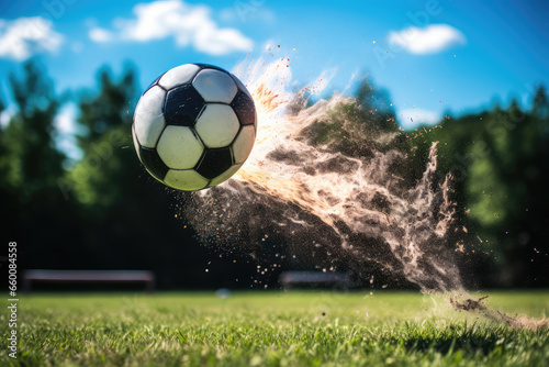 Soccer ball flying through the air with splashes of sand.