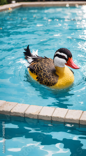 A beautiful duck swims in a clean pool. Generative AI