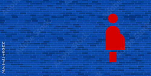 Blue Brick Wall with large red pregnant woman symbol. The symbol is located on the right, on the left there is empty space for your content. Vector illustration on blue background