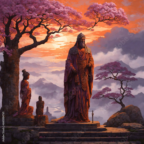 Under a vibrant sunset sky painted in hues of orange and purple, a mystical figure donned in a cloak adorned with Celtic knots and Japanese cherry blossoms stands beside an ancient giant statue. The g photo