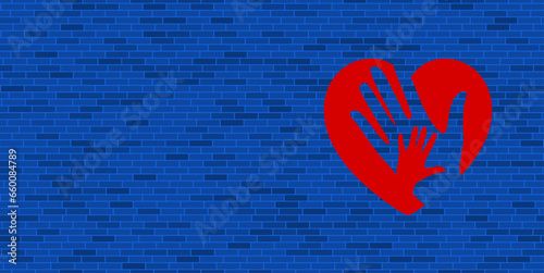 Blue Brick Wall with large red mom with baby symbol. The symbol is located on the right, on the left there is empty space for your content. Vector illustration on blue background