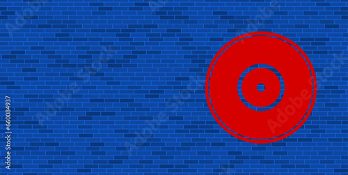 Blue Brick Wall with large red gramophone record symbol. The symbol is located on the right, on the left there is empty space for your content. Vector illustration on blue background