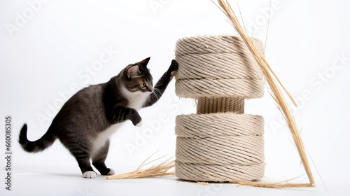 Close-up of a Playful Cat on Sisal Rope, Engaging in Fun and Climbing Activity.