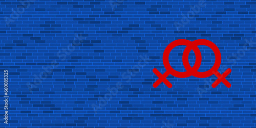 Blue Brick Wall with large red lesbian symbol. The symbol is located on the right, on the left there is empty space for your content. Vector illustration on blue background