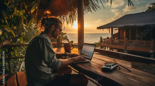 digital nomad man sitting on wooden pier at sea working