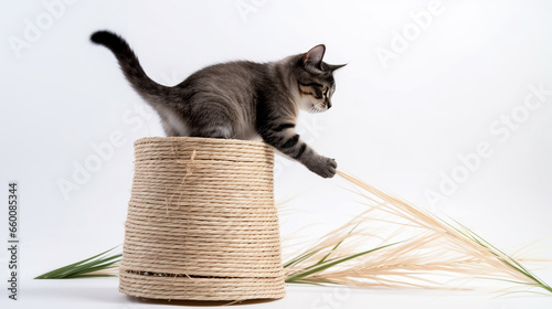 Observe a Cat's Playful Ascent While Climbing Sisal Rope, Captured in Close-up Detail.